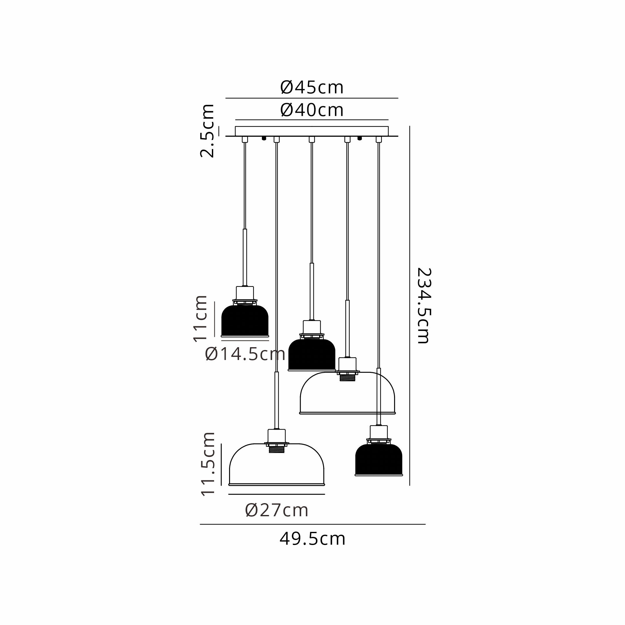 DK1388  Lori cm Round Pendant, 5 Light Adjustable E27, Satin Nickel/Amber/Clear/Frosted/Smoke Blue/Smoke Prismatic Dome Shades